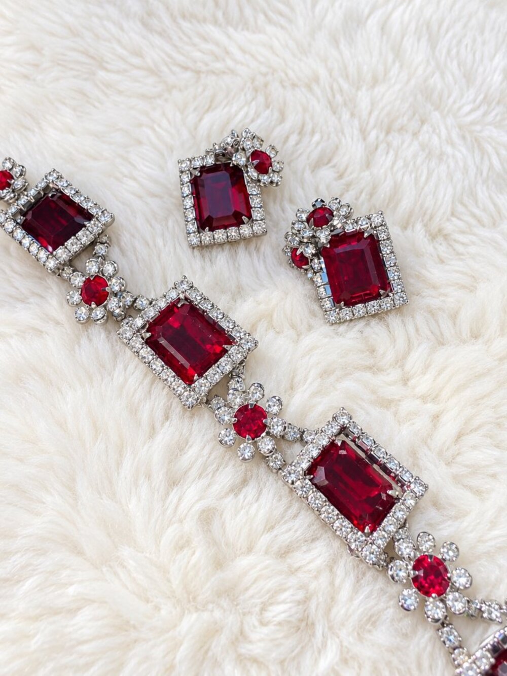 Vintage Kramer of New York Faux Ruby & Rhinestone Necklace + Clip-On Earrings